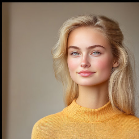 Portrait of a Beautiful Young Woman with Blond Hair and Blue Eyes, Wearing a Yellow Sweaterの素材