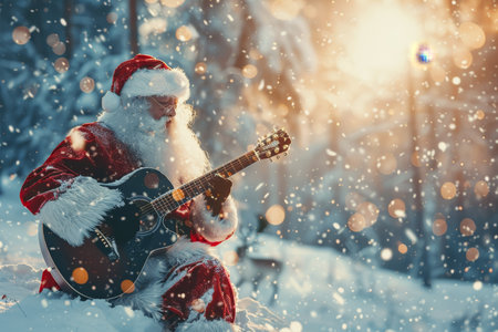Santa Playing Christmas Carols Jolly Santa with White Beard Makes Music on Guitar in Snowy Forestの素材