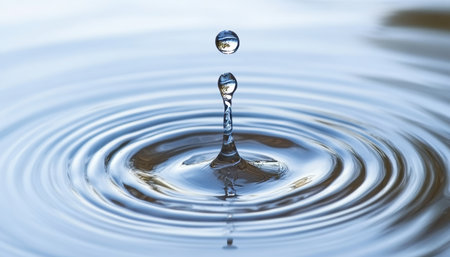 Single Water Droplet Creating Concentric Circular Ripples on a Tranquil Deep Blue Liquid Surfaceの素材