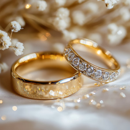 Golden Wedding Rings on a Magical Sparkling Background, Perfect for Wedding Invitations and Designsの素材