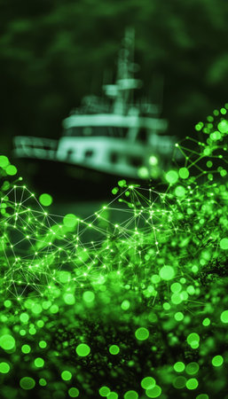 Bokeh Green Lights With Network Connection and Boat Silhouette, Technology, Abstract Background.の素材