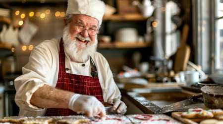 Cheerful Baker Prepares Festive Gingerbread Cookies, Spreading Holiday Joy During Christmas Seasonの素材