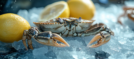 Fresh Crab on Ice With Lemons A Delicious Seafood Dish Prepared With a Fresh Catch of the Day.の素材