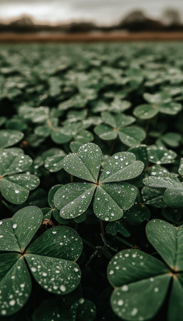 Lush Field of Clover After Rain Shower Vibrant Green Background, Water Droplets on Leavesの素材