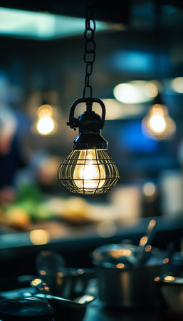 Retro Industrial Style Hanging Lamp With Wire Cage Over Blurred Background In Restaurant Kitchenの素材