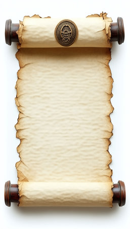 Old Blank Scroll with Metal Ends, Sealing Wax, and Ample Copy Space on a White Backgroundの素材