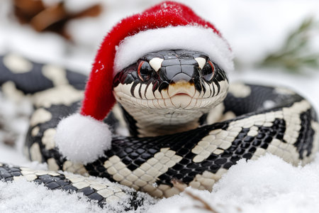 Cute Black And White Snake Wearing A Santa Claus Hat In The Snow. Christmas Animal Portrait.の素材