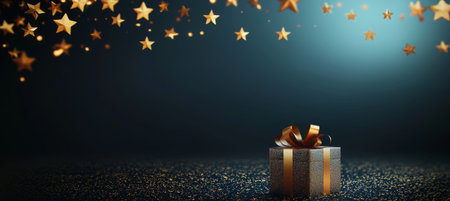 Gift Box on Dark Textured Background with Shining and Falling Glitter Stars, Festive Conceptの素材