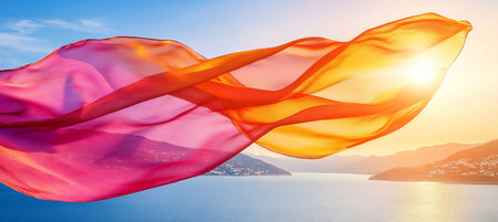 Sheer Flowing Fabric, Sunset over the Ocean Coastline Background, Romantic Abstract Designの素材