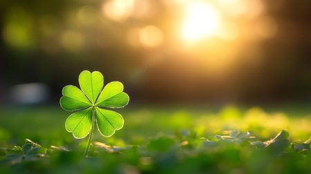 Lucky four leaf clover in a field at sunset. Concept for St. Patricks Day or good luck.の素材