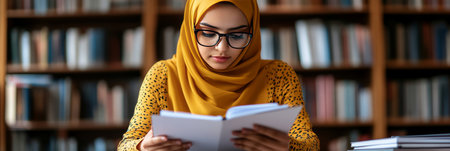 Young Muslim Woman in Hijab Reading a Book in the Library Education, Knowledge, and Faith Conceptの素材
