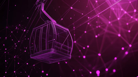 Abstract Wireframe Cable Car Gondola and Network Connection Lines Against a Dark Backgroundの素材