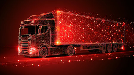 Modern, Red Semi-Truck With Glowing Grid Visualization of Technology in Transportation Networks.の素材