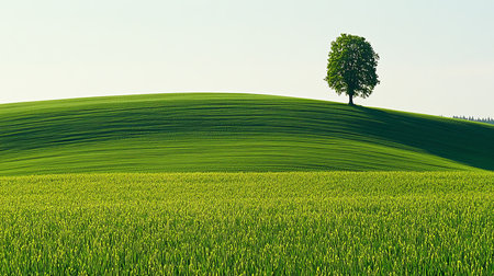 Green Hill, Lonely Tree. Minimalist Landscape, Rolling Hills, Solitary Tree, Blue Skyの素材