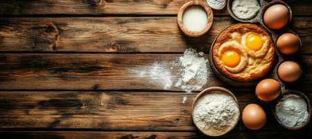 Rural Baking Ingredients, Rustic Bread, Fresh Eggs, Flour, Wooden Background, Top Viewの素材