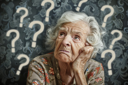 Thoughtful Senior Woman Contemplates Lifes Mysteries Against Question Mark Backgroundの素材