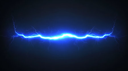 Electric Blue Lightning Bolt, Plasma Discharge Effect On A Dark Background, Power And Energy Conceptの素材