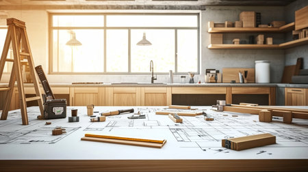 Kitchen Renovation Project Blueprint, Tools, and Materials on Table in Modern Kitchen Interiorの素材