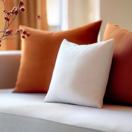 Cozy autumn vibes. Living Room Detail, Minimalist Sofa with White and Orange Pillows. Home Decorの素材