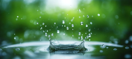 Water Splash, Close-up of Water Droplets with Green Blurred Background, Freshness and Purity Conceptの素材