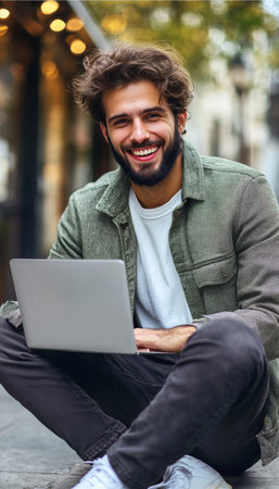 Smiling Young Man with Laptop, Enjoying Outdoor Work in the City. Urban Lifestyle Concept.の素材