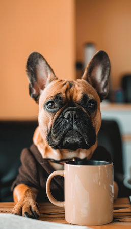 Serious Frenchie Taking a Coffee Break Adorable Dog, Black Shirt, and Hot Mug - Portrait,の素材