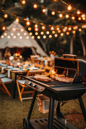 Summer Backyard Party, Barbecue Grill, Festive Outdoor Dining With String Lights at Duskの素材