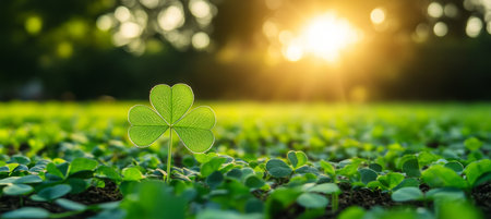 Lucky Four Leaf Clover in a Field of Clovers at Sunset, a Symbol of St. Patricks Dayの素材