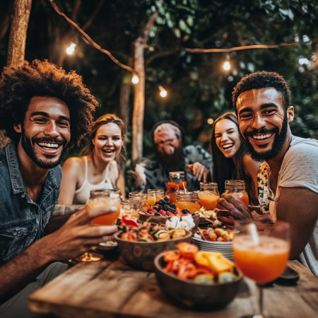 Friends Having Fun. Group Of People Enjoying Meal At Outdoor Party With Healthy Food And Drinks.の素材
