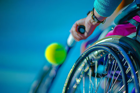 Wheelchair Tennis Match Action Shot with Hand on Racket and Blurred Tennis Ball in Foregroundの素材