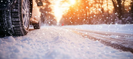 Close-up of Car Tire on Snow Covered Road, Scenic Winter Landscape, Sunlight through Trees, Snowfallの素材