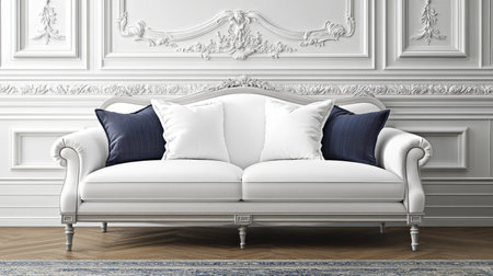 Elegant White Sofa and Ornate Wall Molding. Classy Living Room Furniture, Interior Designの素材