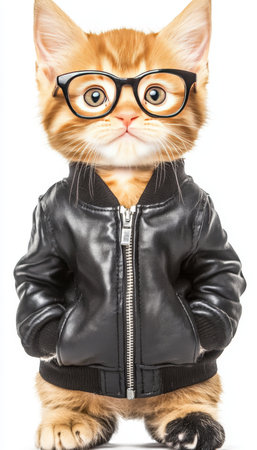 Adorable Ginger Kitten Wearing Eyeglasses and a Stylish Black Leather Jacket, Isolated on Whiteの素材