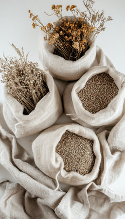 Three Canvas Bags Filled with Grains and Dried Flowers, Arranged on White Linen Clothの素材