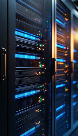 Server Room Data Center. Modern Telecommunications. Row of Network Servers with Blue Lights.の素材