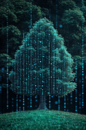 Glowing Digital Tree, Abstract Growth, Green Technology, Interconnected Lines and Particlesの素材