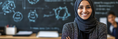 Portrait Of A Confident Teacher Muslim Woman With Hijab Smiling In Classroom Settingの素材