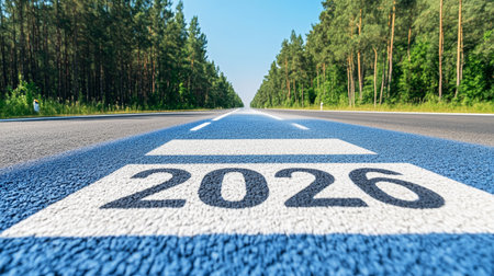 Road to the Future Asphalt Highway with 2026 Markings, Foreshadowing the Upcoming Yearの素材