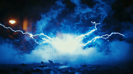 Electric Arc Discharge in a Storm, High Voltage Power, Electrical Hazard, and Energy Concept.の素材