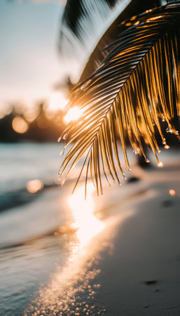 Palm Frond Silhouette Golden Hour Sunlight Gleams Against an Oceanside Sunset, Tropicsの素材