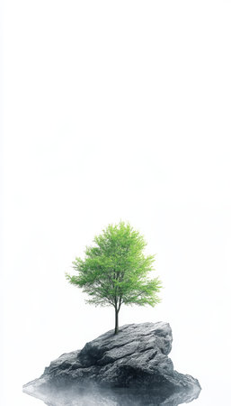 Lone Tree on a Small Misty Island, Minimalist Nature Background, Serene Landscape Photographyの素材
