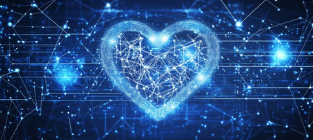 Digital Heart Abstract Health Technology with Lines, Dots, and Triangles on Blue Backgroundの素材