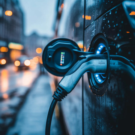 Electric Vehicle Charging at Night. Wet Asphalt Road with Reflections of a Black Electro carの素材