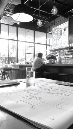 Architectural Blueprints Spread Out on Table, with Person at Cafe Counter in Backgroundの素材