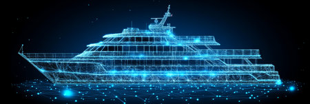 Luxury Yacht Hologram Futuristic Cruise Ship and Digital Network Visualization on Dark Backgroundの素材