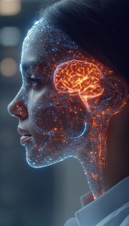 Woman Profile with Glowing Brain, Neural Network Visualization, Artificial Intelligence Conceptの素材