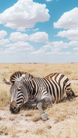 Plains Zebra Resting in the Savanna under a Cloudy Sky, Serengeti National Park., Tanzaniaの素材