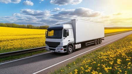 Delivery Truck Driving on Countryside Road, Transportation and Logistics Theme. Sunny Day Backgroundの素材