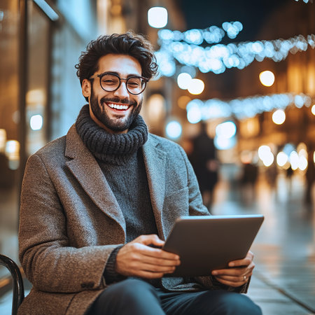 Smiling Young Man Using Digital Tablet on Illuminated City Street at Night. Winter Holidays Seasonの素材