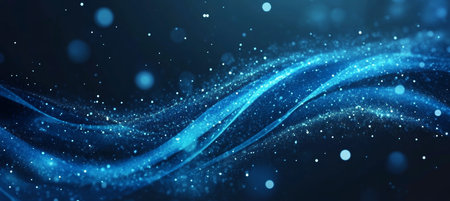 Dynamic Blue Waves with Glowing Particles and Bokeh Effects - Abstract CGI Backgroundの素材